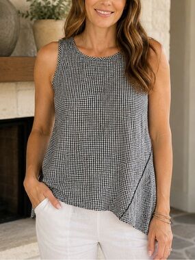 Soft Surroundings Black and White Gingham Textured Scoop Neck Tank Top Tunic XL